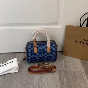 NWT Coach Mini Rowan Crossbody Bag In Signature Denim w/ Cherry Charm CY742